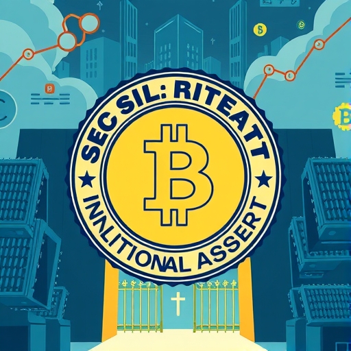 SEC批准比特幣ETF插圖，巨型印章開啟機構資金流入數位資產城市的金融監管藝術作品