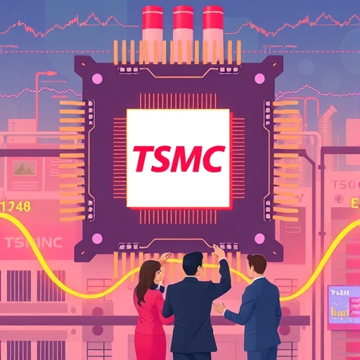 巨型微晶片插圖，中央有TSMC標誌，周圍環繞上漲股市圖表，一群快樂投資者注視顯示ETF價格上漲的螢幕，背景為繁忙半導體工廠