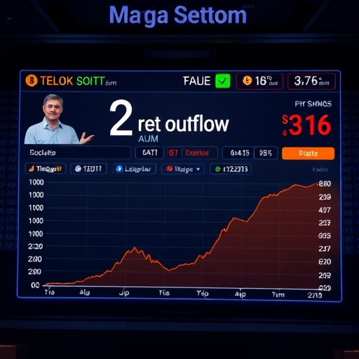 大型數位貨幣交易所螢幕顯示巨額淨流出，投資者撤資圖表，資產管理規模下降，市場尋底過程