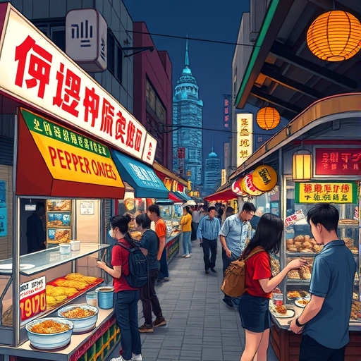 台灣夜市熱鬧場景插圖,展示米其林認證小吃攤如胡椒餅、蚵仔煎與滷肉飯