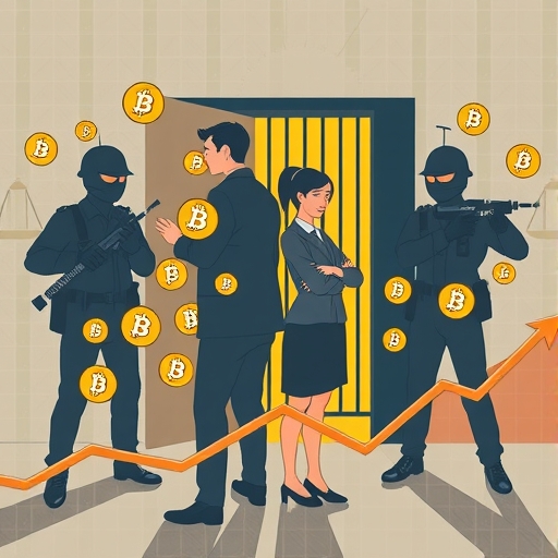 一名男子與女子被比特幣符號包圍,抽象執法人員逮捕他們,背景顯示比特幣價值上升時間線與監獄門輪廓