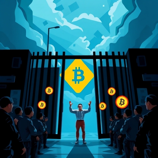 一名男子從監獄大門走出,背景有數位貨幣符號,驚訝的加密社群觀望,第一步法案抽象呈現