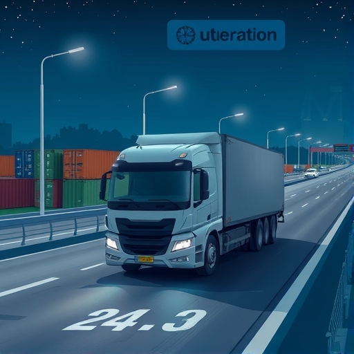 現代自動駕駛卡車在夜間高速公路行駛,展示24/7運作效率