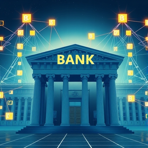 現代銀行建築與區塊鏈網絡整合的插圖，象徵機構客戶的24/7即時數位現金解決方案，新金融時代