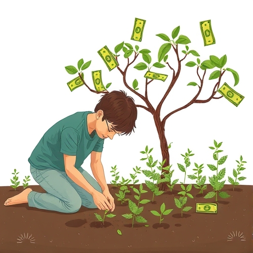一位人仔細種植小金錢植物，逐漸成長為大樹並結出股息支票，象徵長期財富與穩定被動收入，通往未來財務自由