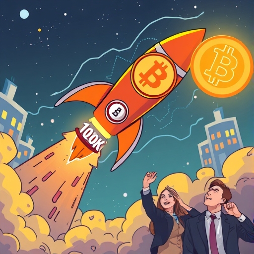 強勁比特幣火箭突破10萬美元里程碑，分析師歡呼的插圖，象徵市場信心與新高預測