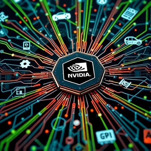 An illustration of a powerful NVIDIA GPU chip at the heart of a rapidly growing AI ecosystem radiating connections to diverse sectors like generative AI autonomous vehicles and medical research with data flowing freely