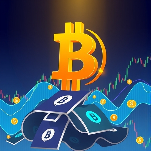 比特幣象徵堅穩矗立在動態圖表上，新資金流注入反映市場強韌與投資者信心