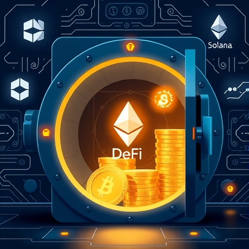 安全數位金庫插圖，充滿閃耀加密資產，代表機構對DeFi的投資，以太坊與Solana標誌在背景展現創新