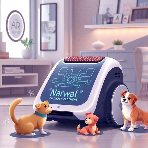 Narwal 掃地機器人在現代智慧家居中運作,環繞著活潑寵物與閃耀珠寶,展現其先進AI功能與智慧生活願景