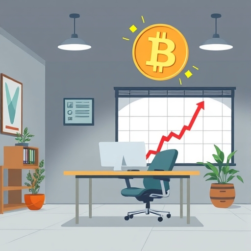 Struggling investment company office with downward graph and volatile bitcoin symbol