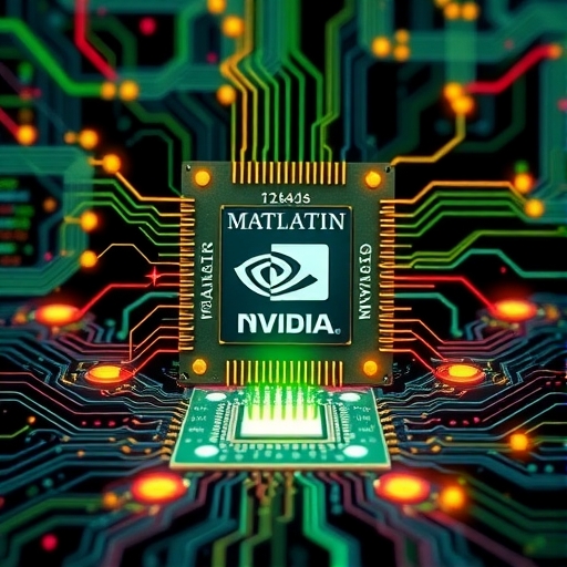 充滿活力的AI生態系統插圖，資料流環繞Nvidia晶片與Palantir介面，象徵財富創造