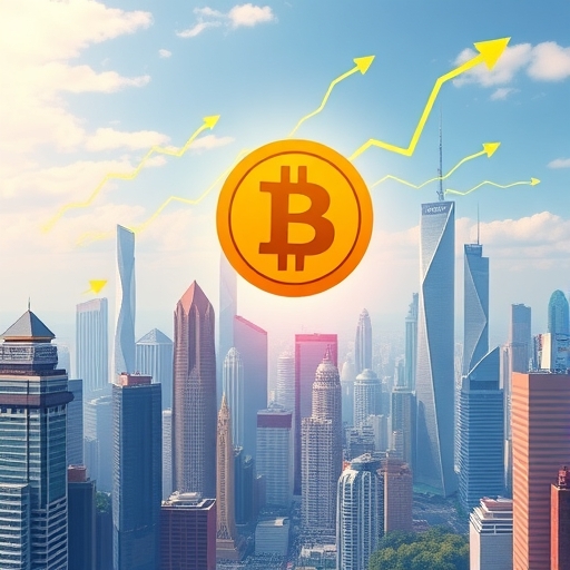 亞洲城市景觀中數位貨幣符號上升指向比特幣圖標，象徵新資本湧入與投資者對數位資產信心的恢復