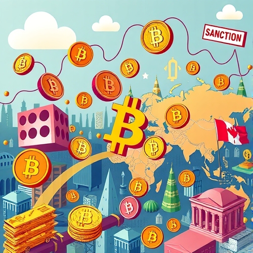 充滿活力的加密貨幣市場插圖，包含穩定幣、比特幣與全球制裁元素，象徵動態與複雜性