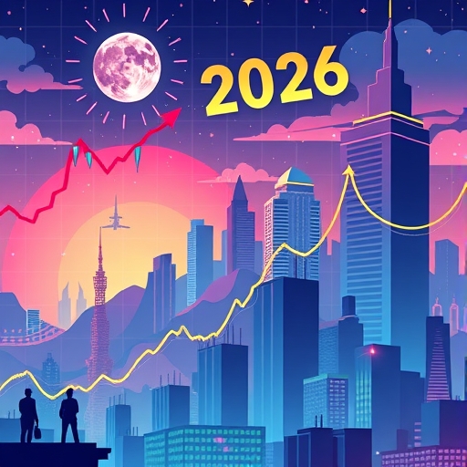 An illustration of a vibrant global stock market with upward trending graphs bullish investor figures and giant futuristic companies rising above the skyline symbolizing strong growth potential and optimism in 2026