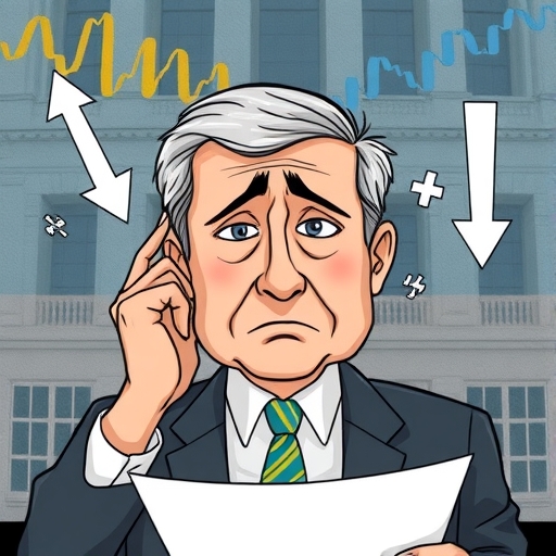 An illustration of a worried Federal Reserve official looking at charts with arrows pointing down for interest rates and up for economic risks representing deep concerns and policy divisions impacting global finance and mortgages