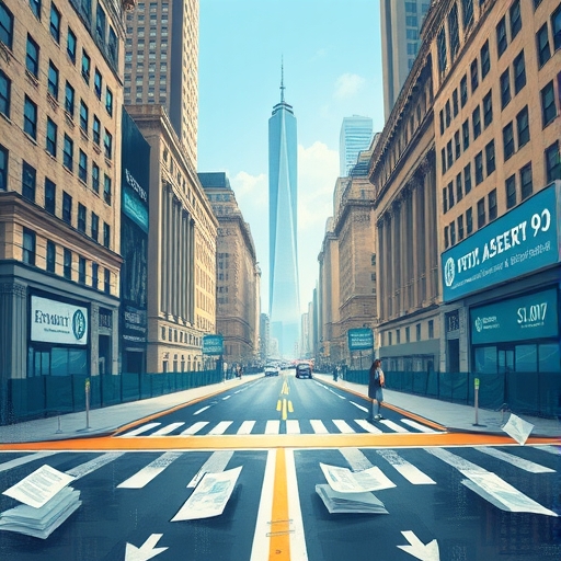 數位資產轉折點插圖，展示政策文件、華爾街建築與市場指數背景下的全球金融變革藝術作品