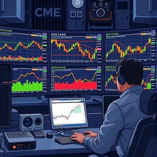 高科技交易室中專注交易員監控多螢幕顯示比特幣圖表與CME缺口的插圖，標註潛在價格走勢的市場分析圖像