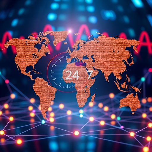 全球互聯數位帳本即時處理交易的插圖，帶有24/7時鐘介面，強調分佈式帳本技術驅動的即時結算