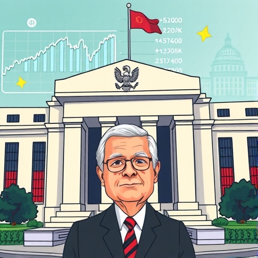 聯準會建築插圖，Jay Powell位於前景象徵經濟穩定與獨立貨幣政策，背景包含全球市場指標與貨幣符號