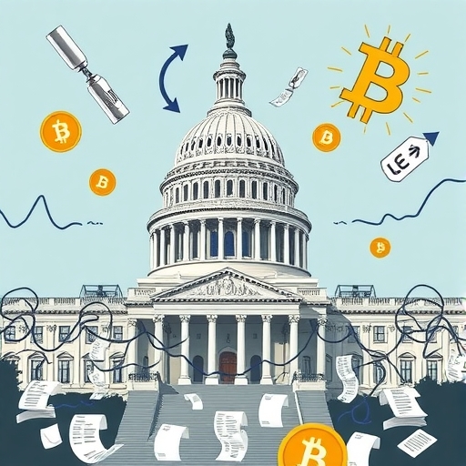 美國國會大廈周圍糾纏的法律文件與數位貨幣符號，象徵加密監管挑戰、立法遲緩及時間壓力