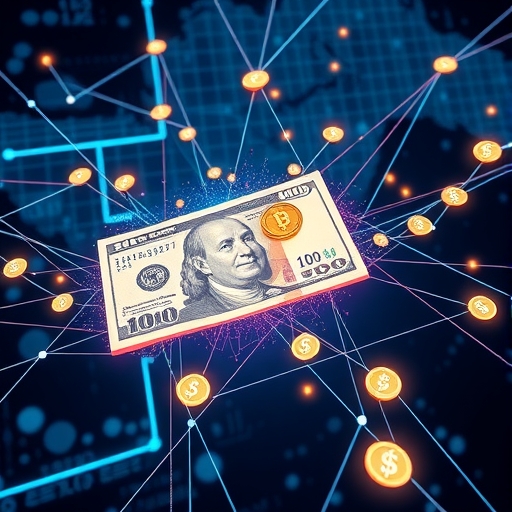 傳統銀行紙幣轉變為數位代幣在未來區塊鏈網絡中流動的插圖，代表安全機構交易的始終在線金融基礎設施