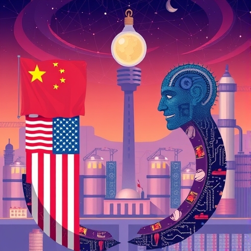 中美兩國代表巨人競爭AI晶片與半導體技術的插圖，背景有工廠與資料中心