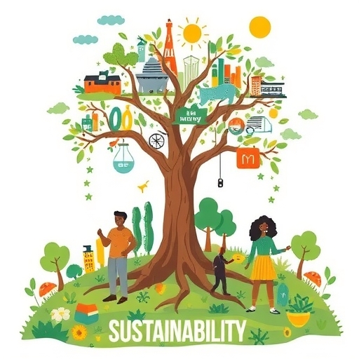 永續發展多樣應用插圖，樹根延伸至企業策略產業，枝葉延伸綠色觀光景觀，多元人群享受自然
