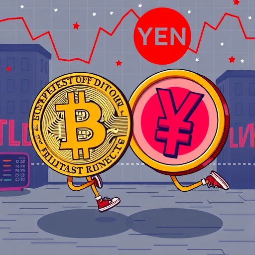 比特幣與日圓貨幣同步共舞的插圖，背景顯示日本經濟指標如公債殖利率上升與匯率波動的全球金融市場場景