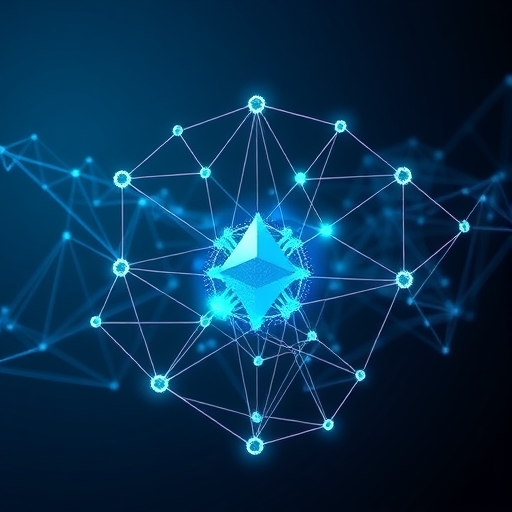 以太坊與Solana區塊鏈網絡交織插圖，構築強健DeFi生態，數位圖表顯示可擴展性與使用者體驗的提升