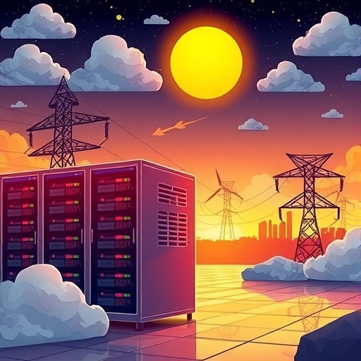 資料中心插圖,顯示冷卻系統與發熱伺服器,背景為壓力下的電網,包含傳統與再生能源