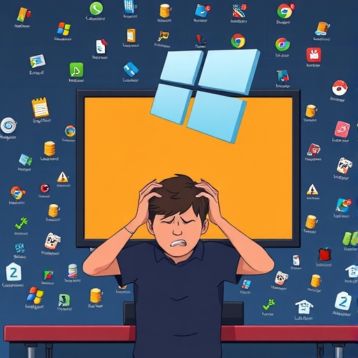 用戶掙扎於緩慢的電腦開機畫面，背景充滿未經授權的應用圖示，象徵控制權缺失