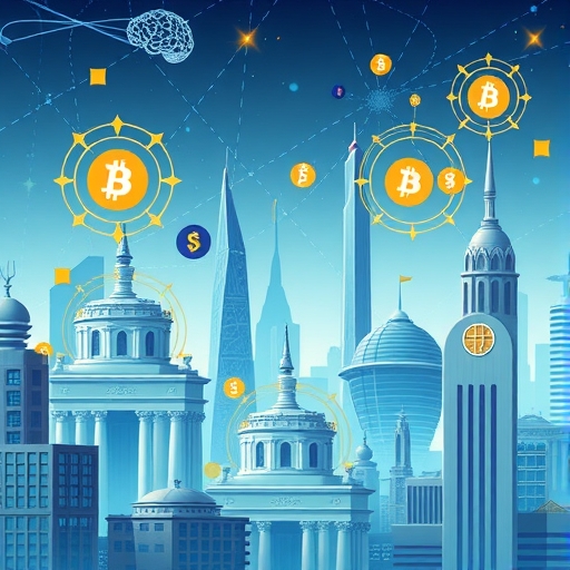 An illustration showing a futuristic cityscape with intertwining elements of artificial intelligence symbols cryptocurrency icons and traditional financial buildings representing global market opportunities in 2026