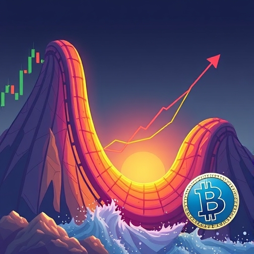 加密市場如雲霄飛車般的圖表，從低谷急轉直上，顯示波動性與韌性，ETF資金如強勁水流推動比特幣價格