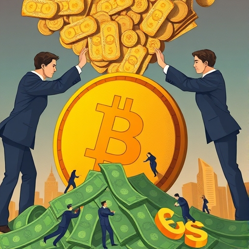 大型機構投資者將資金注入巨型比特幣符號的插圖，背景中減半事件圖標逐漸淡出的商業加密藝術