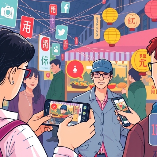 人們用智慧型手機分享台灣街頭美食照片插圖,透過社群媒體全球連結推廣台灣文化