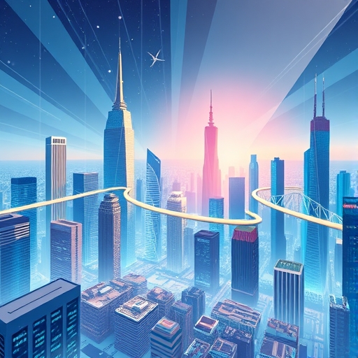 數位城市中高樓大廈代表加密企業，有些正跨越邊界移往他國，一道標記為清晰法案的光束照下，為新建築奠定穩固基礎