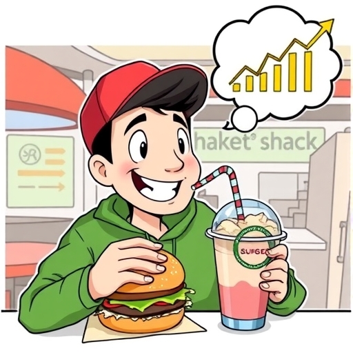 快樂的Shake Shack顧客享用漢堡奶昔,成長箭頭與德意志銀行報告圖示