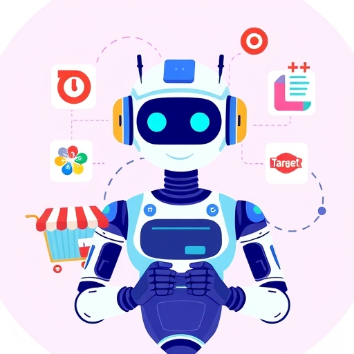 Google Gemini AI 聊天機器人作為友好數位助理，連接 Walmart 和 Target 等線上商店的插圖