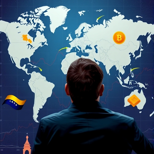 麥可·貝瑞注視全球地圖,聚焦委內瑞拉與黃金符號,展現地緣政治與市場趨勢的洞察力