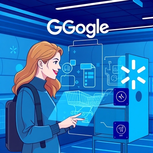 未來購物體驗插圖，顧客與 AI 代理互動，環繞 Google 和 Walmart 標誌