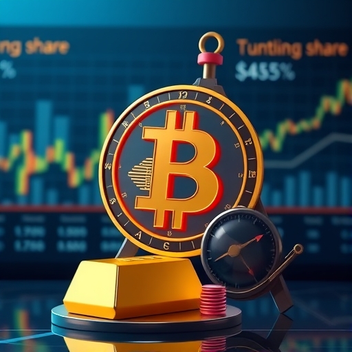比特幣逐漸取代黃金市場份額的示意圖