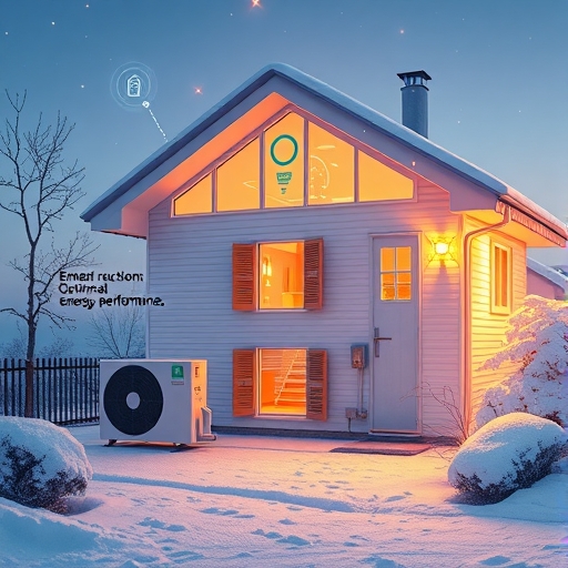 智慧家居熱泵系統在雪地景觀中高效運作，象徵碳排放減少與能源優化
