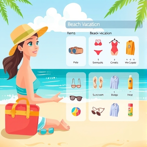 AI 代理協助顧客打包海灘度假物品的插圖，顯示泳裝、防曬霜等推薦產品