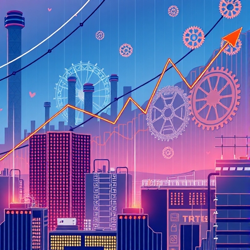 半導體工廠蓬勃發展的插圖，展示AI晶片與先進封裝元件向上竄升，背景有營收成長圖表與轉動齒輪象徵創新科技