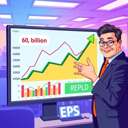 充滿活力的財務儀表板插圖，顯示營收圖表超過60億元並有60%成長箭頭，業務人員指向破紀錄EPS螢幕，背景為忙碌辦公室