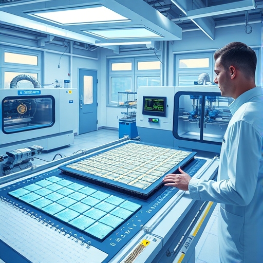 精密半導體晶圓與晶片在無塵室處理的插圖，強調CoWoS與HBM結構，未來感機器執行濕製程步驟，工程師在一旁觀察