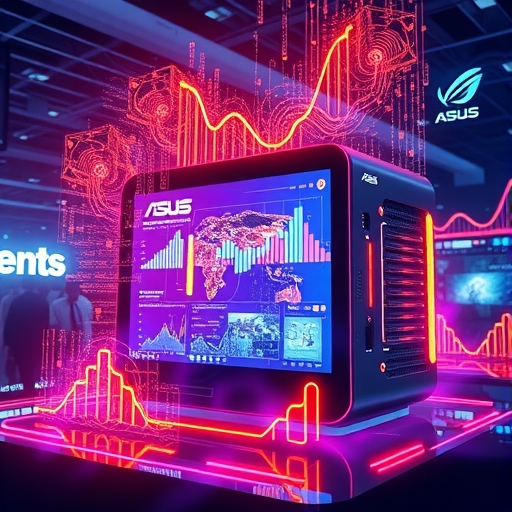 ASUS 轉型 AI 技術插圖，充滿活力的 AI PC 發光數據流，全球成長動能於科技展覽