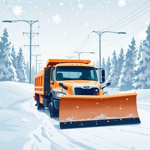 Douglas Dynamics雪犁在飄雪中清掃道路，作為冬季設備供應商的掃雪股投資範例