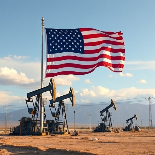 美國國旗飄揚於委內瑞拉油井與煉油廠插圖，象徵美國企業戰略能源與資產回收回歸